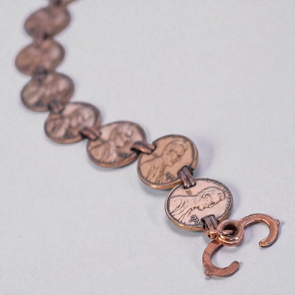 Vintage Lincoln Penny Copper Bracelet 8 Genuine Coins Memorial Oxidized 7.5" - Picture 2 of 5